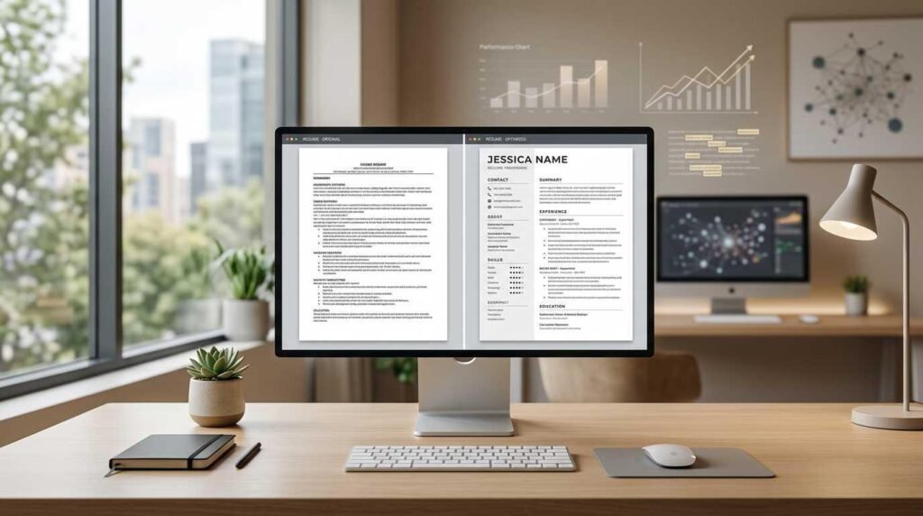 Before and after resume transformation visual showing improved structure, clarity, and career impact in a modern professional workspace concept