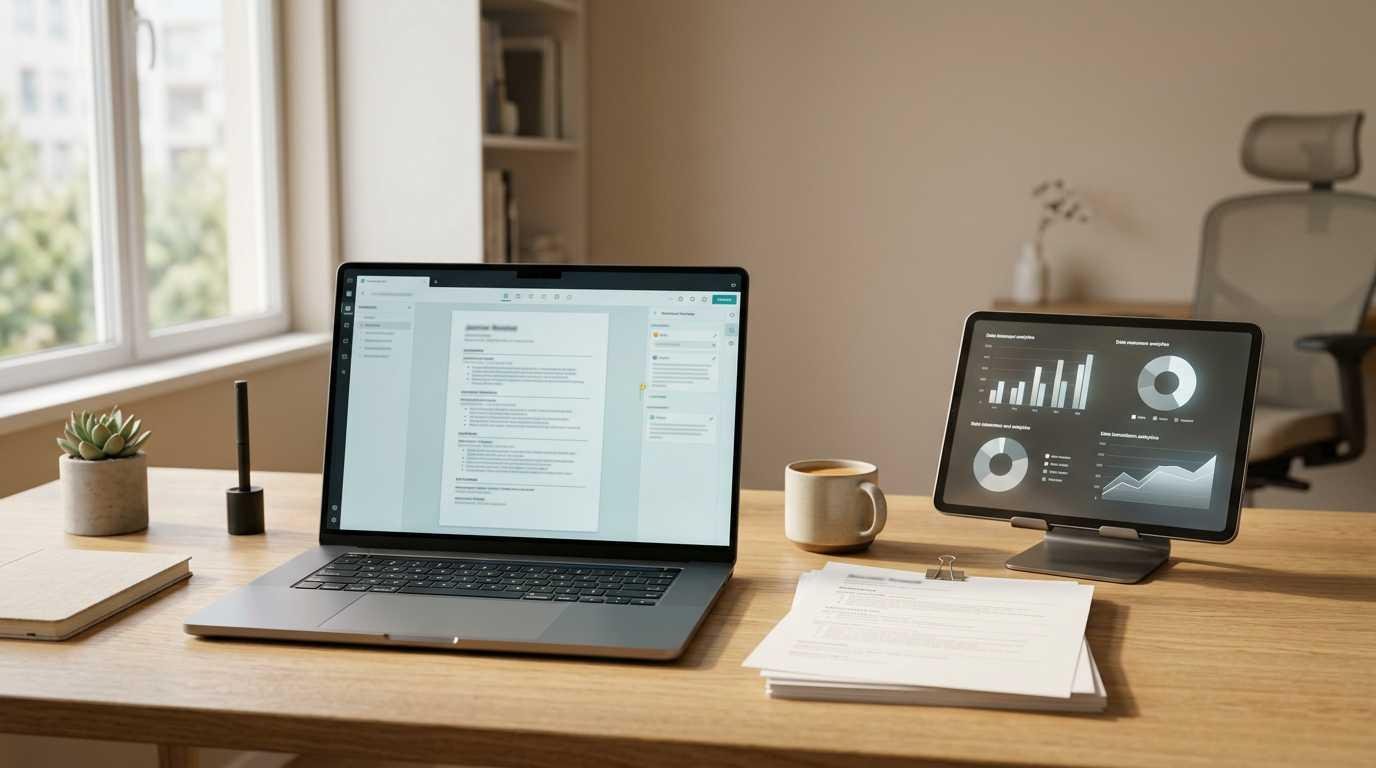 Modern resume writing and ATS optimization workspace with laptop, documents, and career strategy tools