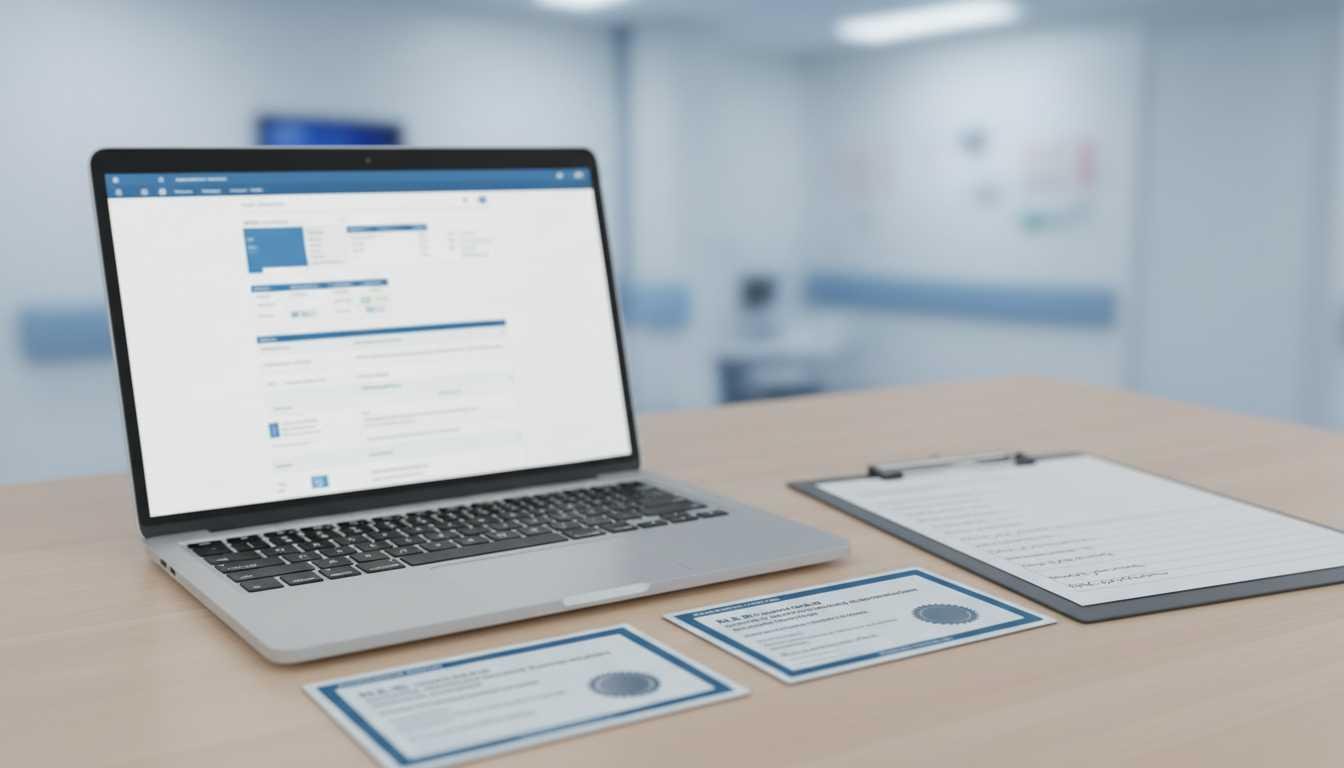 Healthcare resume writing and ATS optimization workspace with medical documents and career strategy setup