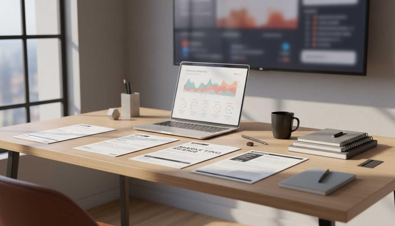Modern marketing resume workspace with campaign analytics and ATS-friendly resume setup