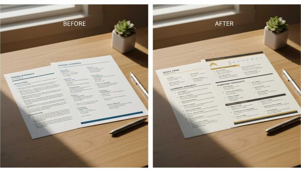 Resume transformation showing shift from senior executive to manager-level leadership positioning