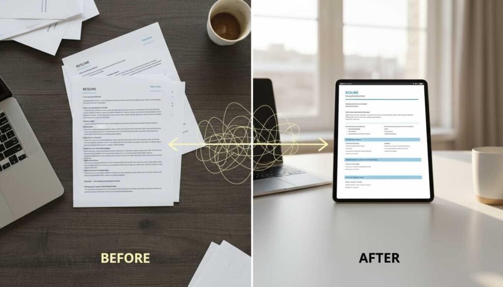 Resume transformation showing improvement in ATS optimization and job interview success
