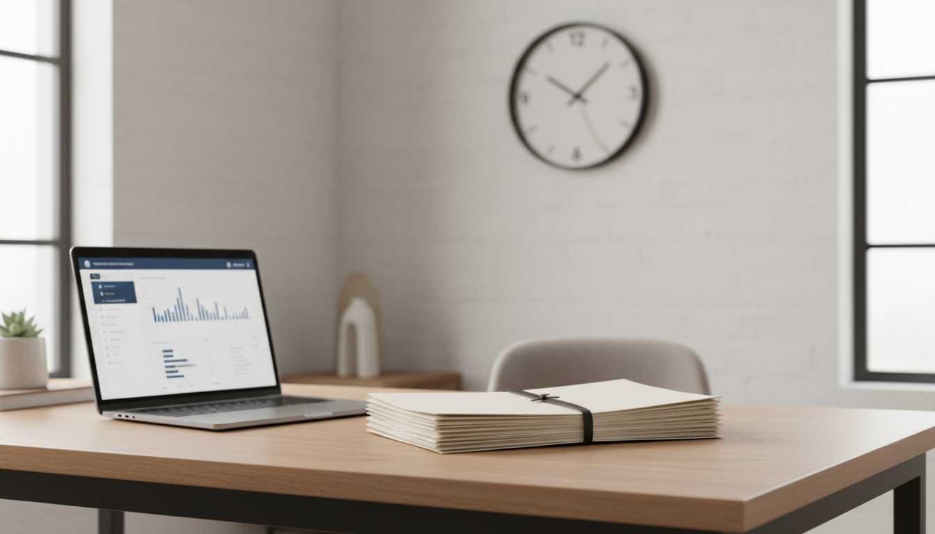 Modern workspace showing resume documents, laptop, and clock representing resume service turnaround time and job application urgency