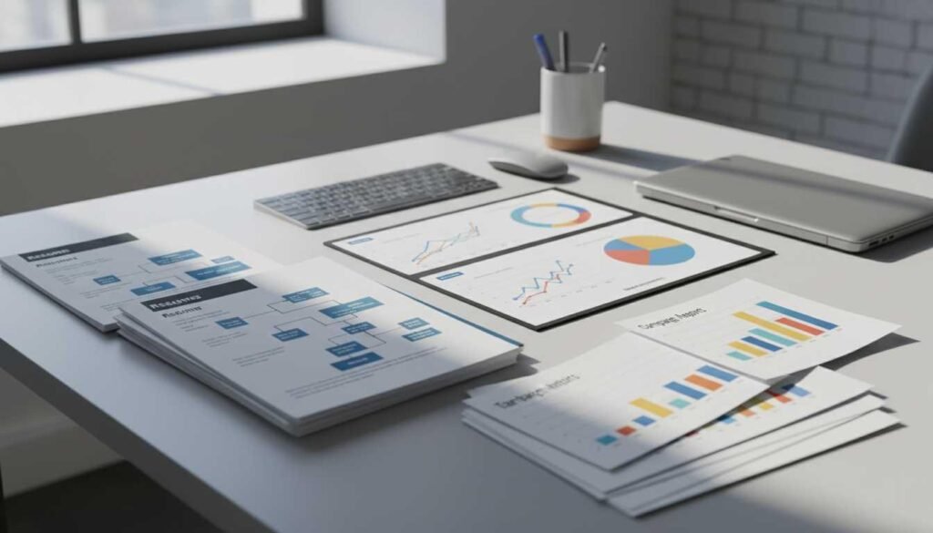 Marketing resume beside campaign reports in a professional office setup